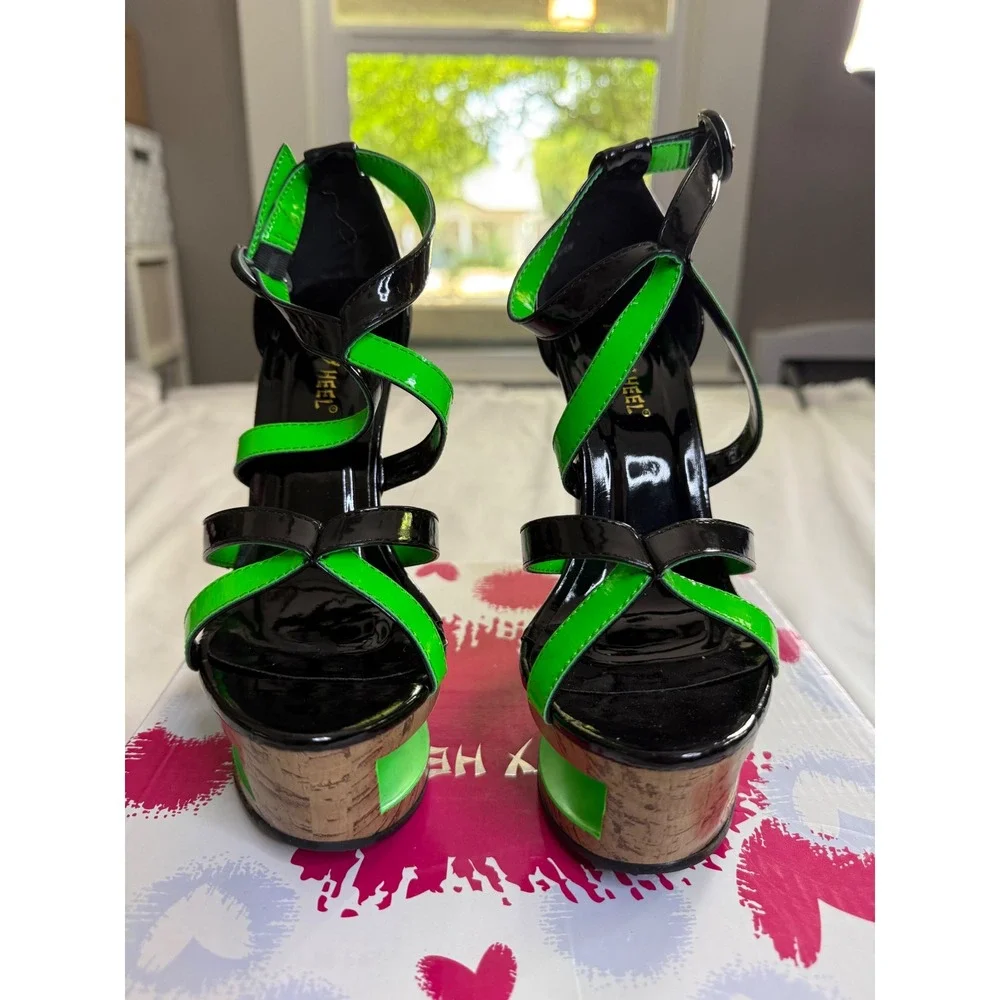 Pinky Shine-21 Neon Green Black Cutout Architectural Platform Sandals Size 5.5